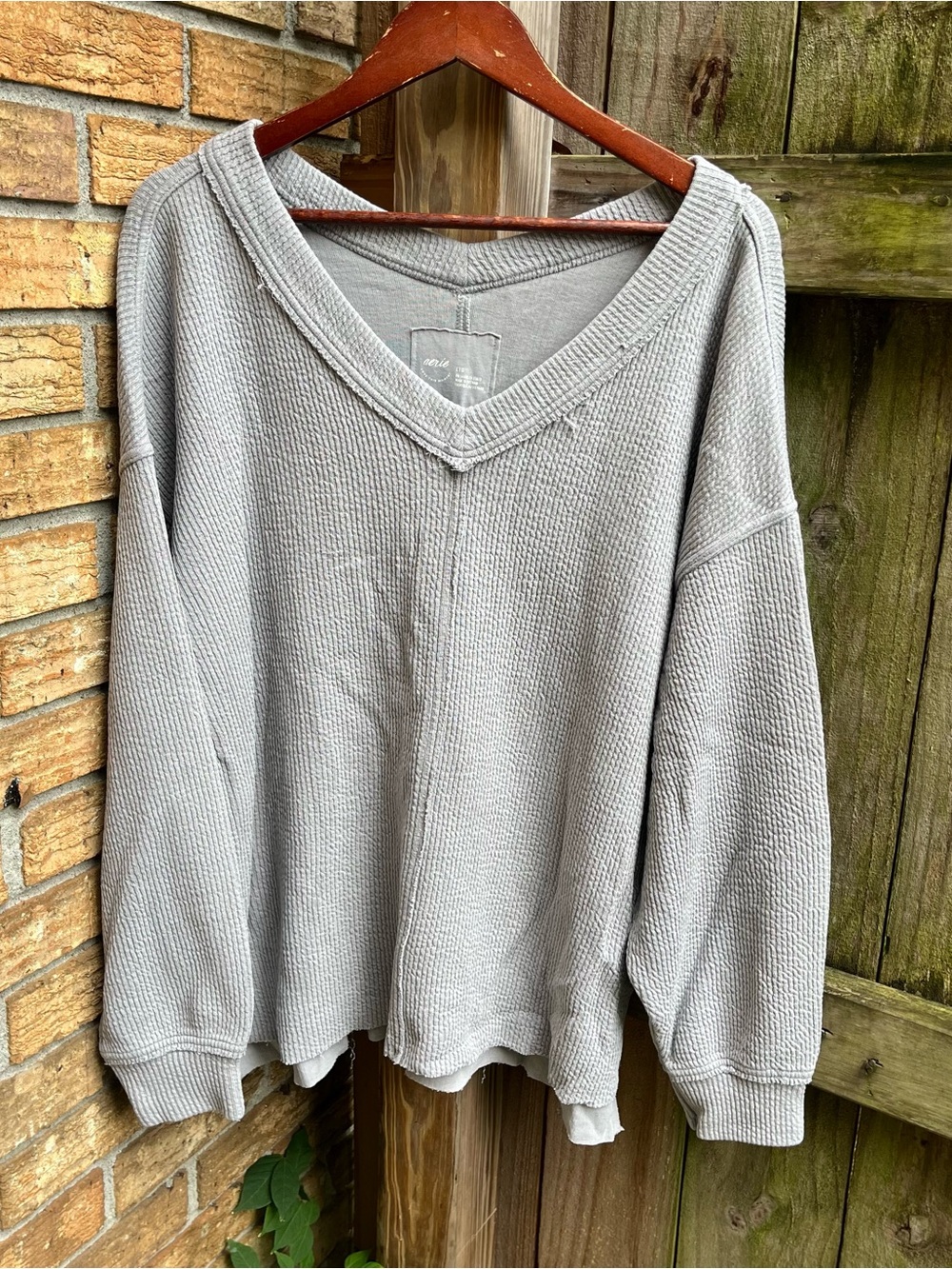 Aerie Oversized Light Gray Textured V-Neck Sweatshirt